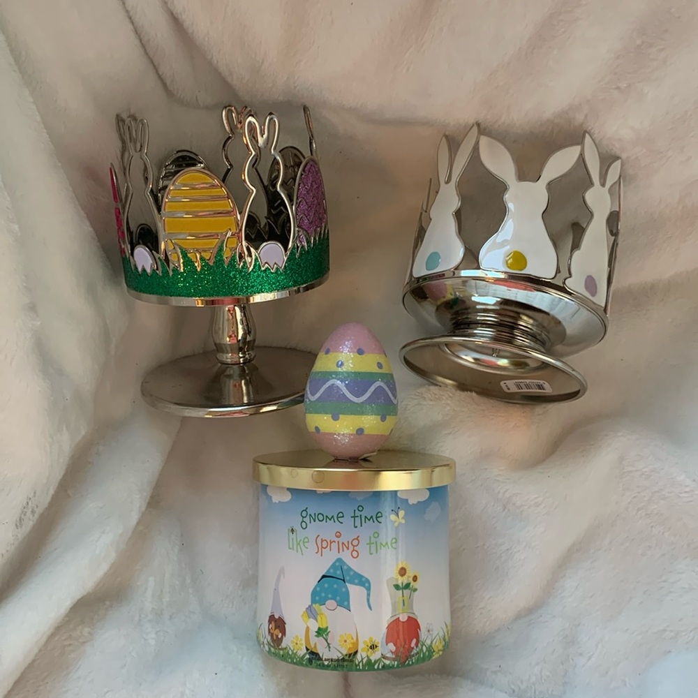 2 BBW candle holders 1 BBW egg candle topper and 1 gnome NOT BBW candle